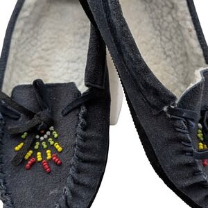 Beaded Moccasin Slippers Navy Blue‎ Suede Faux Shearling Size 7 Loungewear